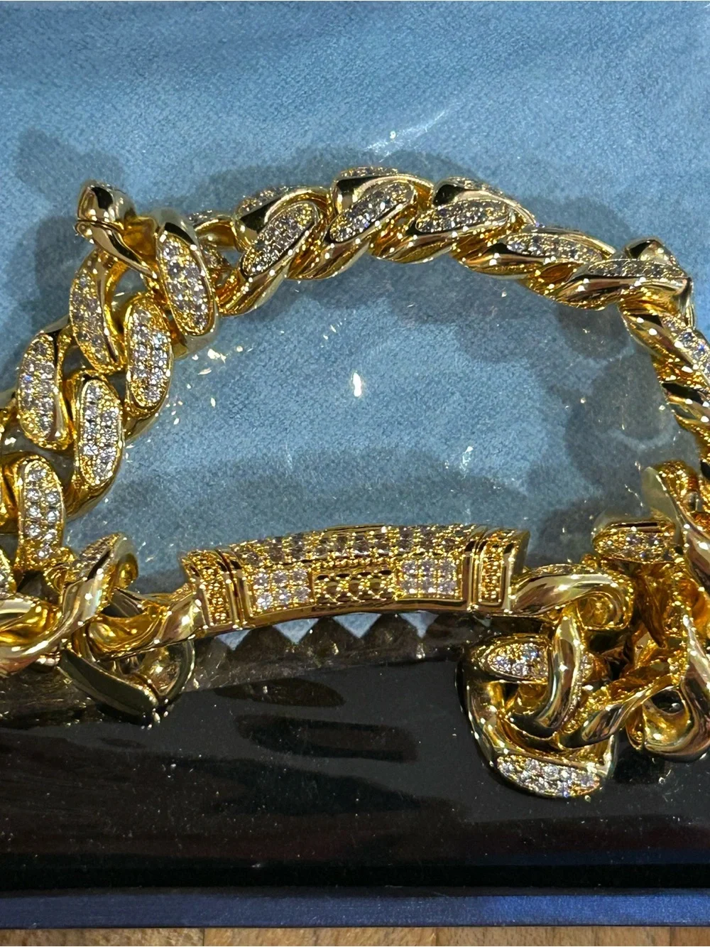 Gold-Tone (initial:L) Pave Cuban Link Bracelet with Sparkling Crystals